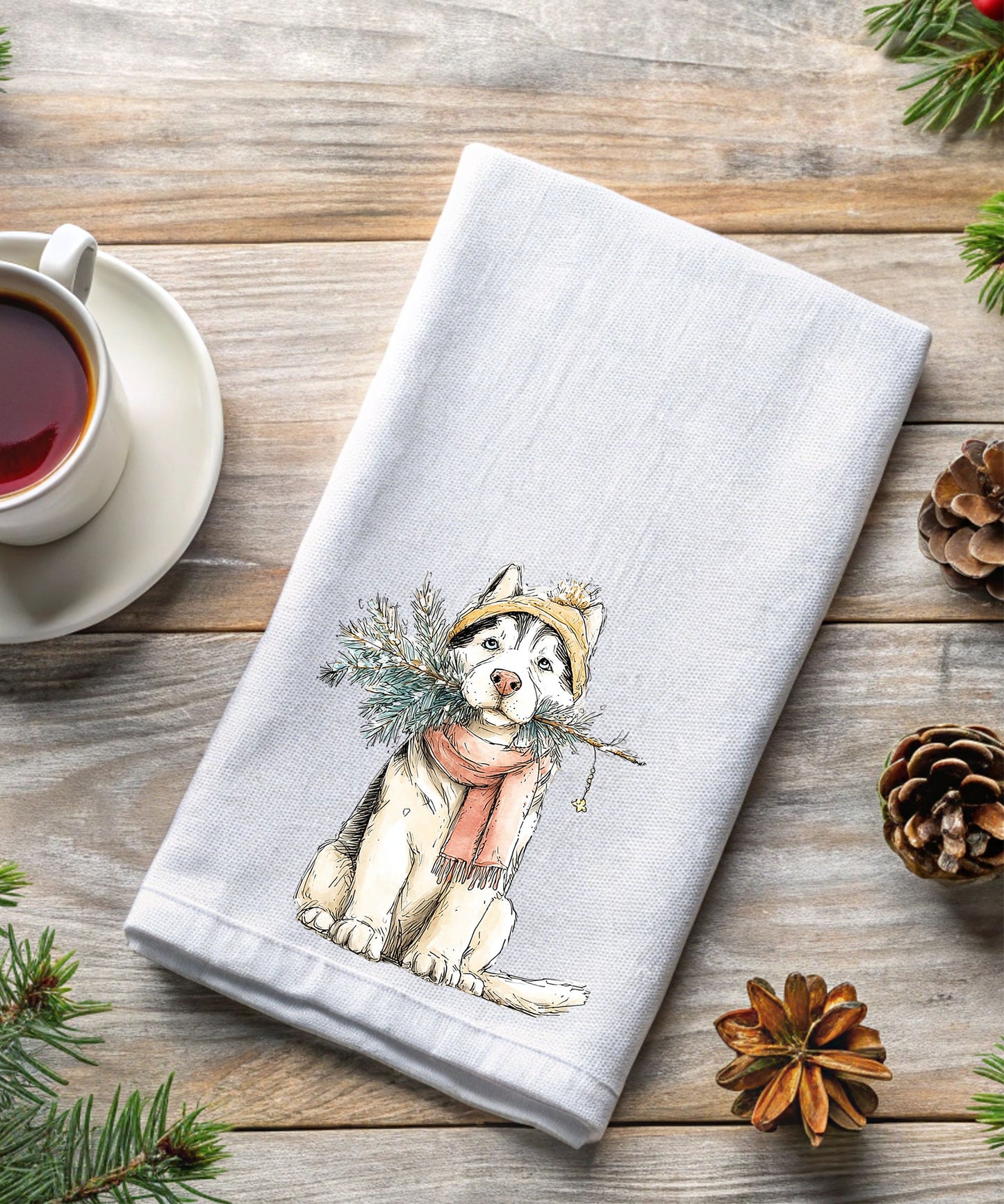 Christmas Watercolor Dogs Flour Sack Hand Towels