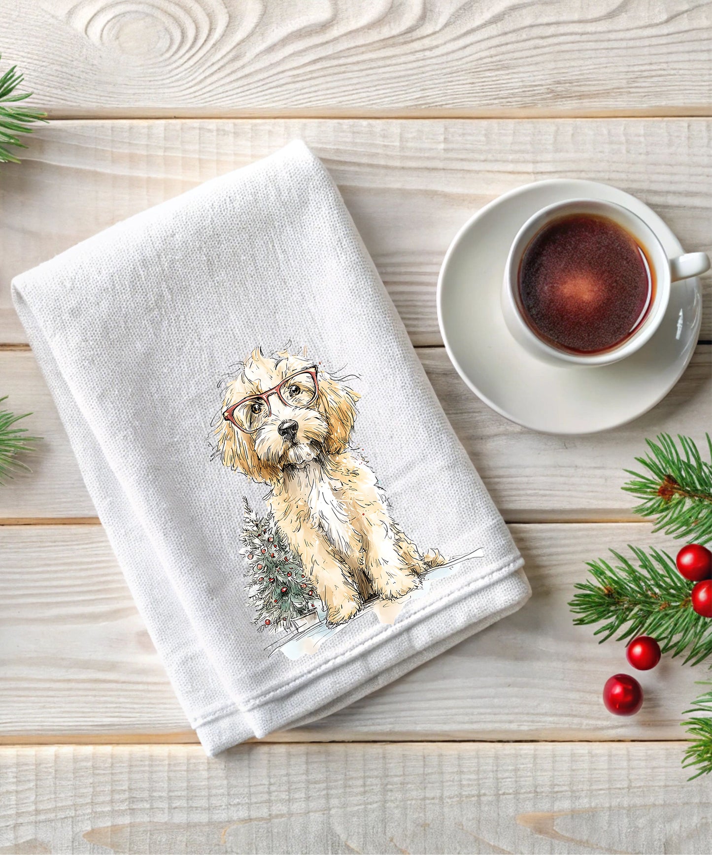 Christmas Watercolor Dogs Flour Sack Hand Towels