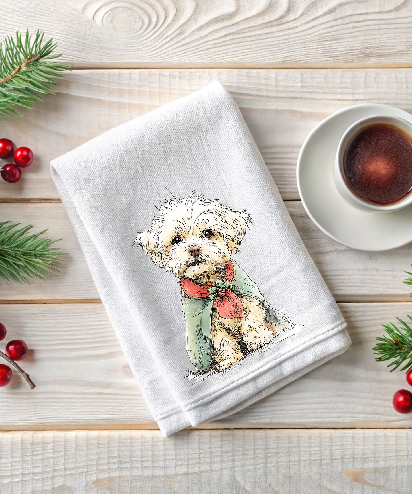 Christmas Watercolor Dogs Flour Sack Hand Towels